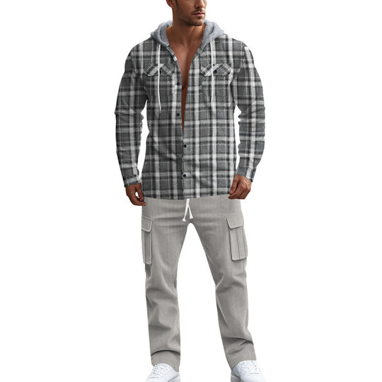 Herren gemusterte Kapuzenshirtjacke mit karierter Struktur und praktischen Taschen Heidi-Mode