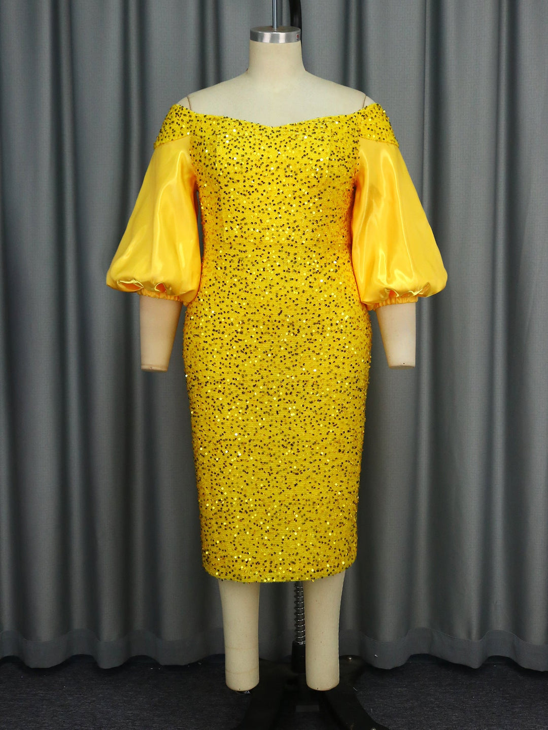 Heidi-Mode | Elegante Off-Shoulder-Bubble-Ärmel-Hüftkleid Cocktail Pailletten Kleid Abendkleid