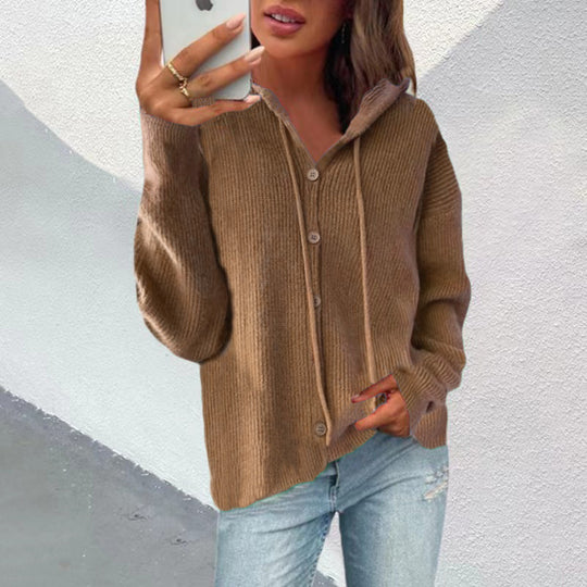 Damen Strickjacke mit Kapuze und Knopfleiste Heidi-Mode