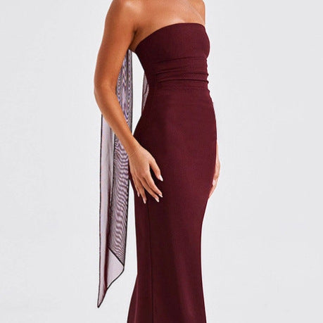 Damen Strapless Maxi-Kleid mit transparenten Ärmelakzenten und figurbetontem Schnitt Heidi-Mode