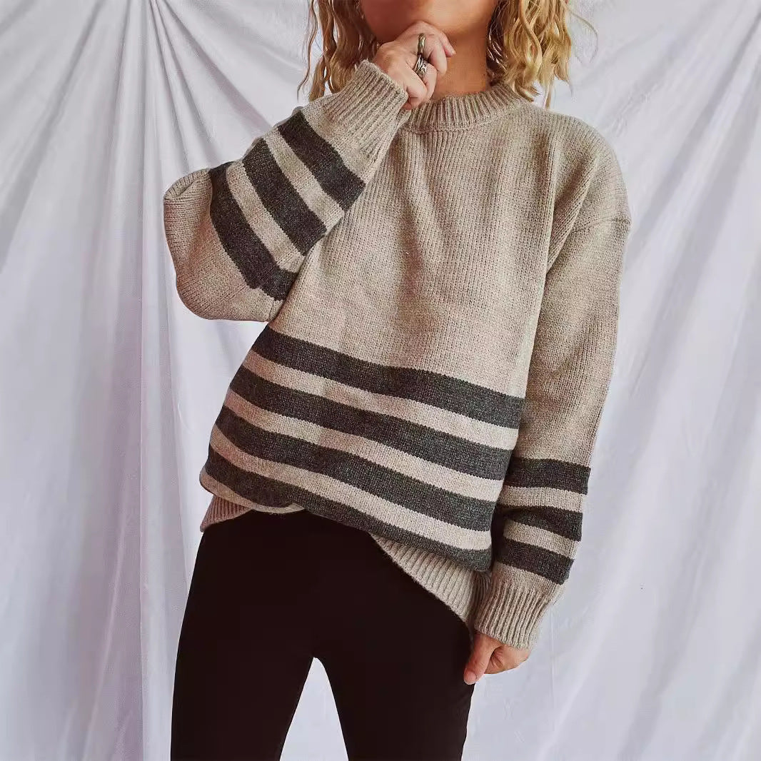 Damen lässiger Oversize-Pullover mit modernem Streifenmuster Heidi-Mode
