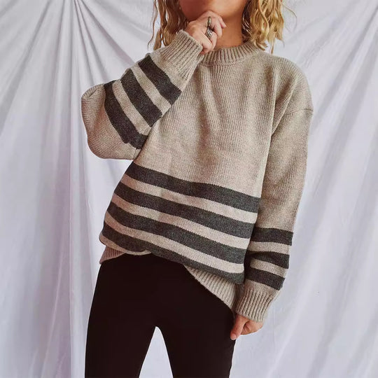Damen lässiger Oversize-Pullover mit modernem Streifenmuster Heidi-Mode