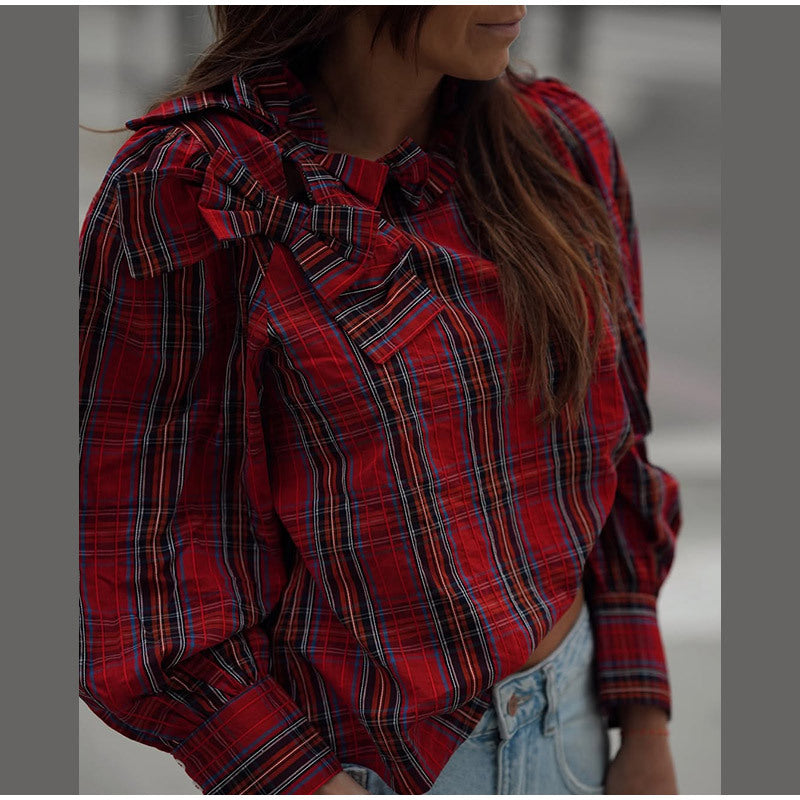 Damen Karobluse mit Rüschendetails und Stehkragen Heidi-Mode