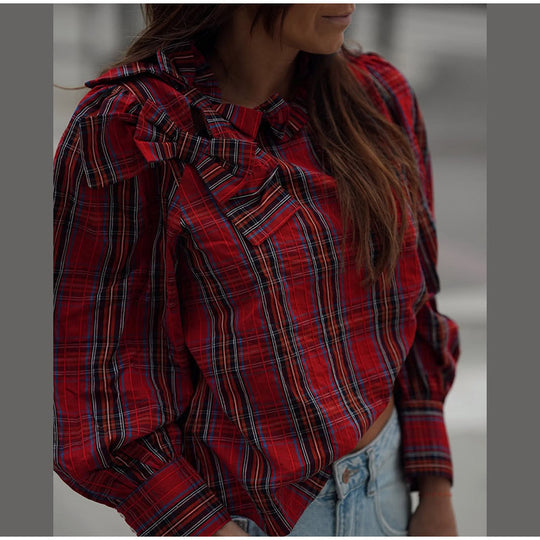 Damen Karobluse mit Rüschendetails und Stehkragen Heidi-Mode