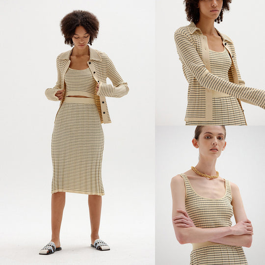 Damen elegantes Strickensemble mit Knopfleiste und hohem Kragen Heidi-Mode
