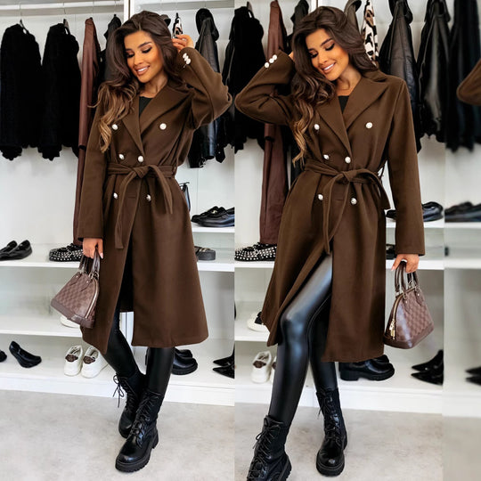 Damen eleganter Mantel mit Taillengürtel und doppelter Knopfblende Heidi-Mode