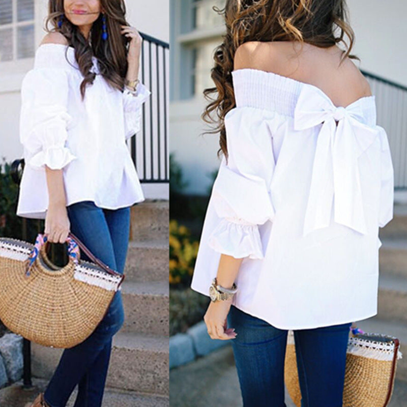 Damen Off-Shoulder Bluse mit Puffärmeln und Schleifendetail Heidi-Mode