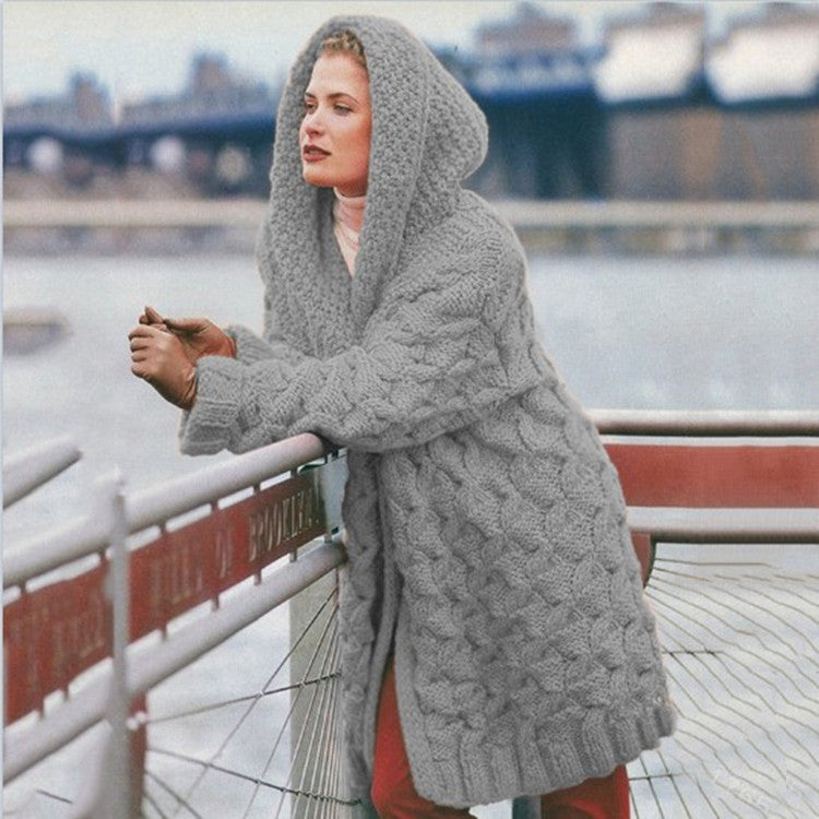 Damen oversized Grobstrickmantel mit Kapuze Heidi-Mode