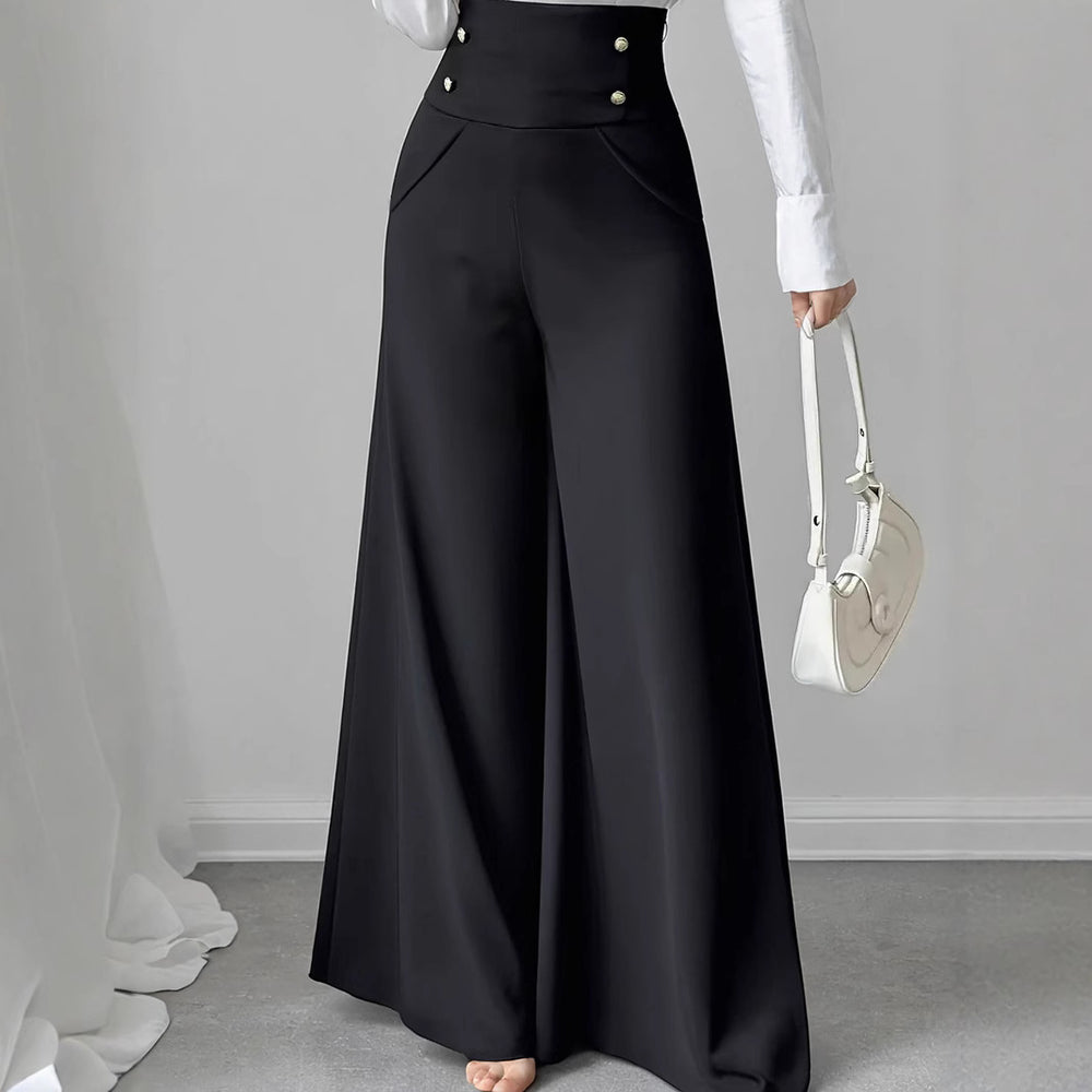Damen Hochtaillierte Palazzo-Hose mit dekorativen Knöpfen Heidi-Mode