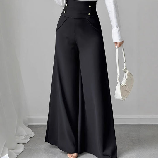 Damen Hochtaillierte Palazzo-Hose mit dekorativen Knöpfen Heidi-Mode