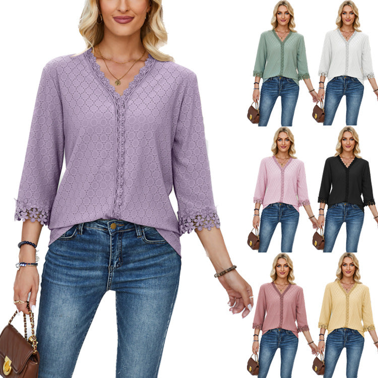 Damen Bluse mit dekorativem Lochmuster und Spitzendetail Heidi-Mode