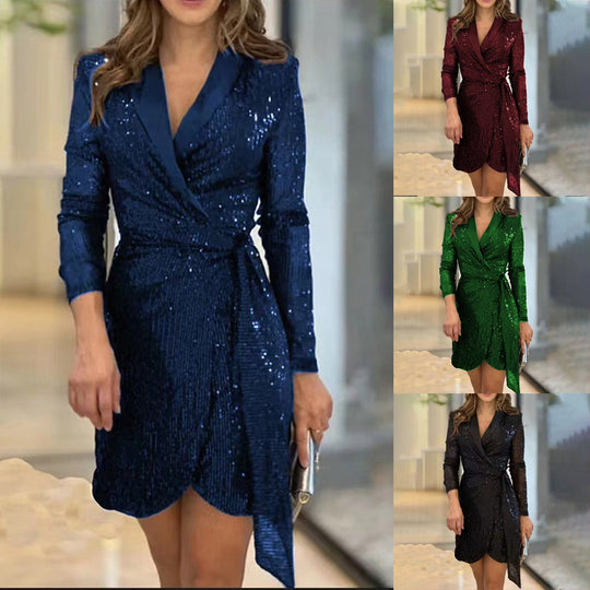 Damen Glamouröses Pailletten Minikleid mit Wickeldesign Heidi-Mode