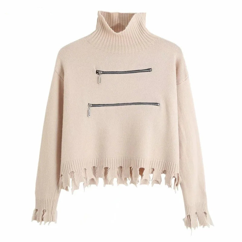 Damen stylischer Stehkragenpullover mit zwei asymmetrischen Reißverschlusstaschen und fransigem Saum Heidi-Mode