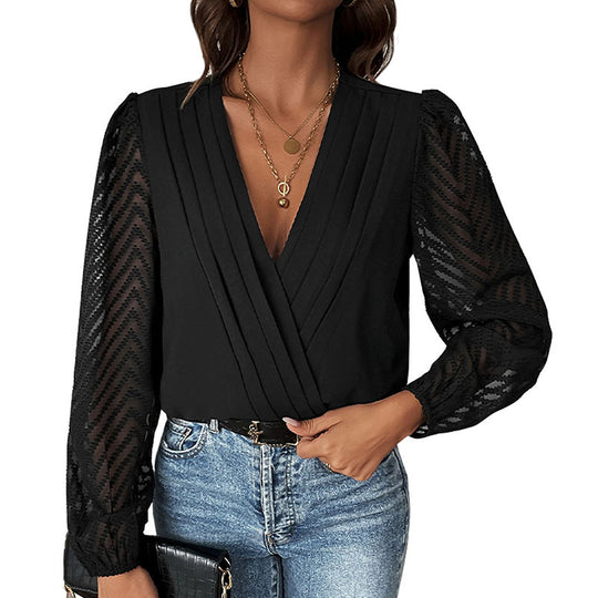 Damen Wickelbluse mit feinen Plissee-Details und transparenten Ärmeln Heidi-Mode