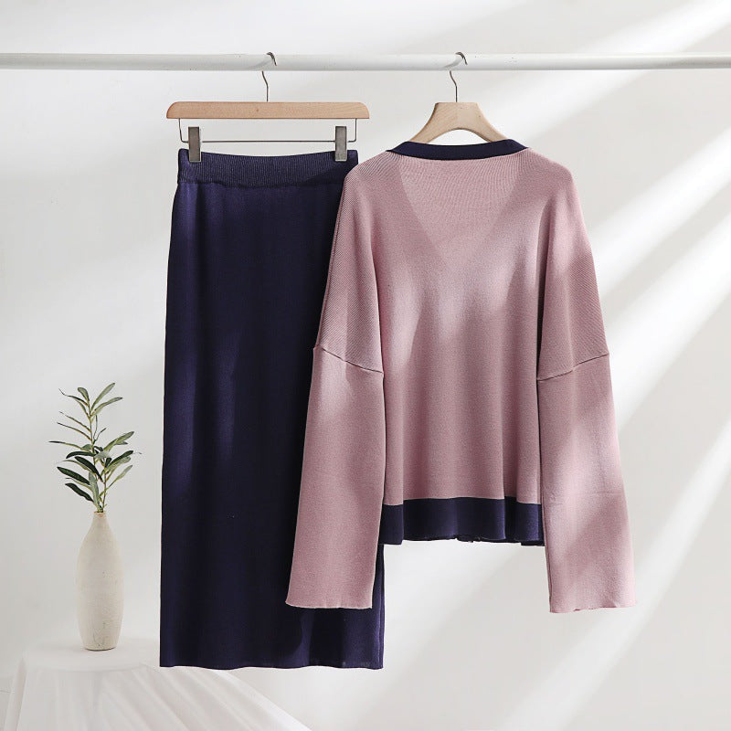 Damen elegantes Strick-Kombinationsset mit tiefem V-Ausschnitt und Kontrastdetails Heidi-Mode