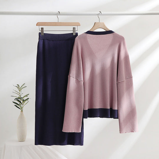 Damen elegantes Strick-Kombinationsset mit tiefem V-Ausschnitt und Kontrastdetails Heidi-Mode
