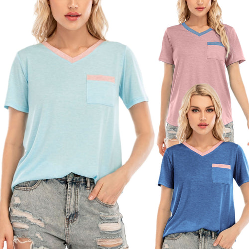 Damen T-Shirt mit V-Ausschnitt und kontrastierender Brusttasche Heidi-Mode