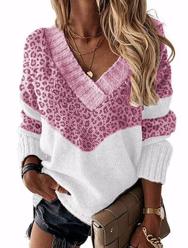 Damen modischer V-Ausschnitt Pullover mit Leopardenmuster Heidi-Mode