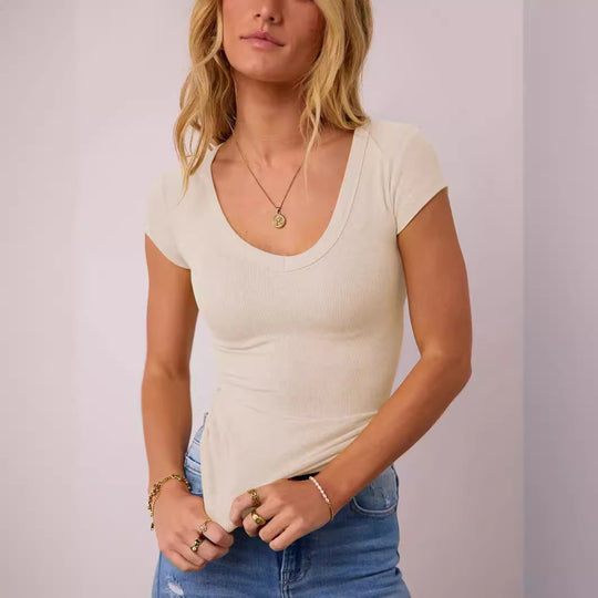 Damen Body mit tiefem V-Ausschnitt und figurbetonter Passform Heidi-Mode