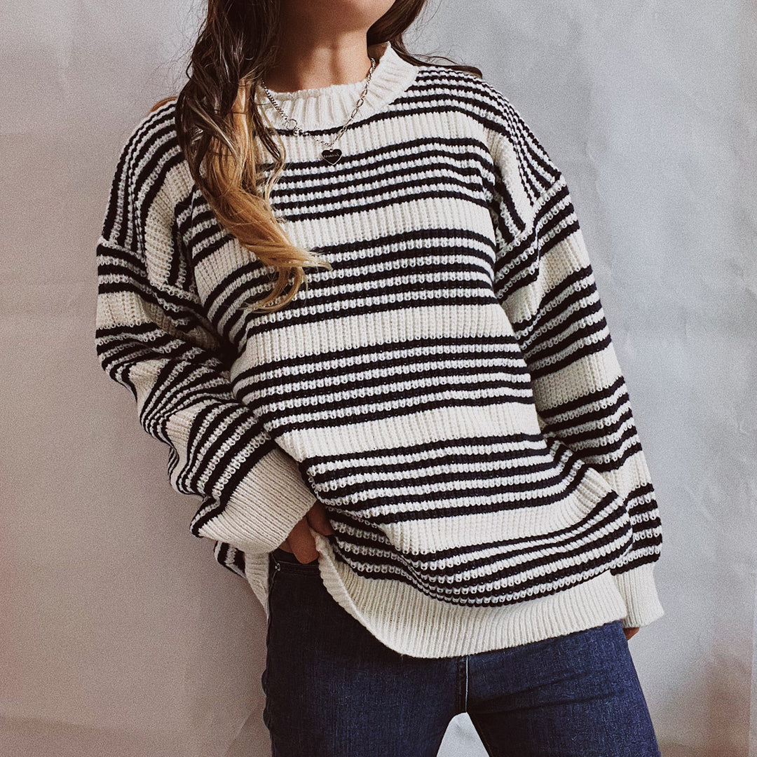 Damen lässiger Strickpullover mit breiten Streifen und überschnittenen Schultern Heidi-Mode
