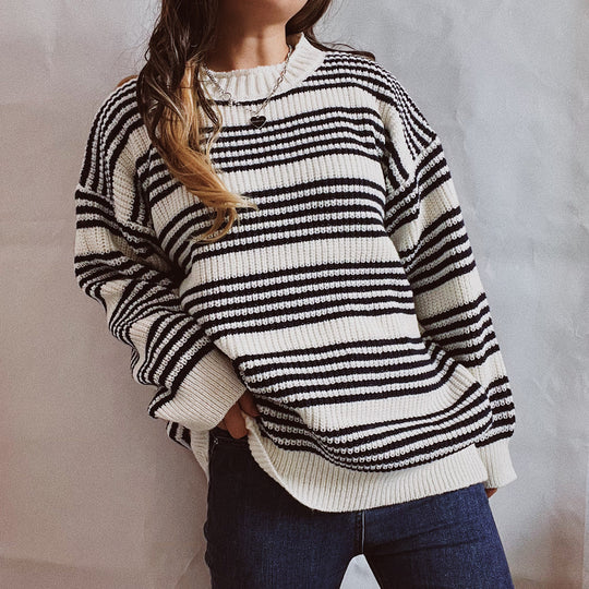 Damen lässiger Strickpullover mit breiten Streifen und überschnittenen Schultern Heidi-Mode