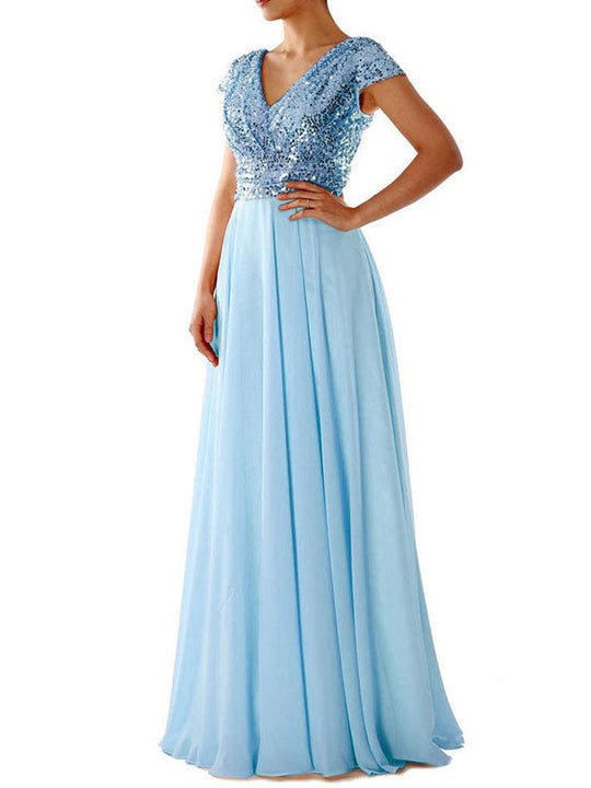Heidi-Mode | Damen Kleider V-Ausschnitt Paillette Chiffon Paneel Maxi Kleid