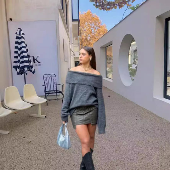 Damen Oversized Strickpullover mit schulterfreiem Design Heidi-Mode