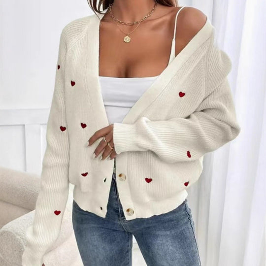 Damen Strickjacke mit Herzapplikationen und Knopfdesign Heidi-Mode