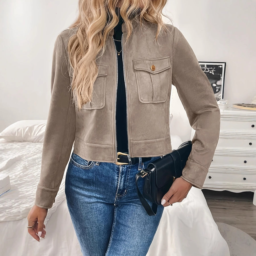 Damen modische Kurzjacke aus hochwertigem Kunstleder mit praktischen Taschen Heidi-Mode