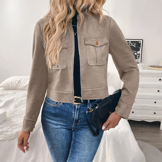 Damen modische Kurzjacke aus hochwertigem Kunstleder mit praktischen Taschen Heidi-Mode