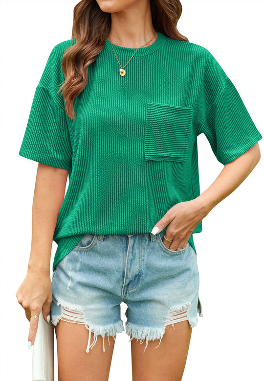 Damen lässiges T-Shirt mit strukturierter Textur und praktischer Brusttasche Heidi-Mode