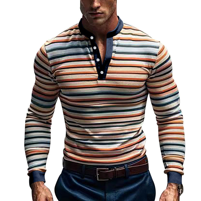 Herren Langarm-Henley-Shirt mit strukturiertem Streifenmuster und modernem Kragen Heidi-Mode