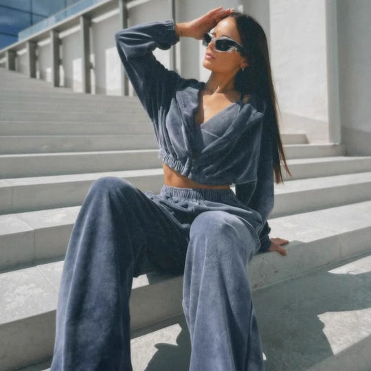Damen Sportliches Cropped Sweatshirt und Jogginghose Set mit elastischem Bund Heidi-Mode
