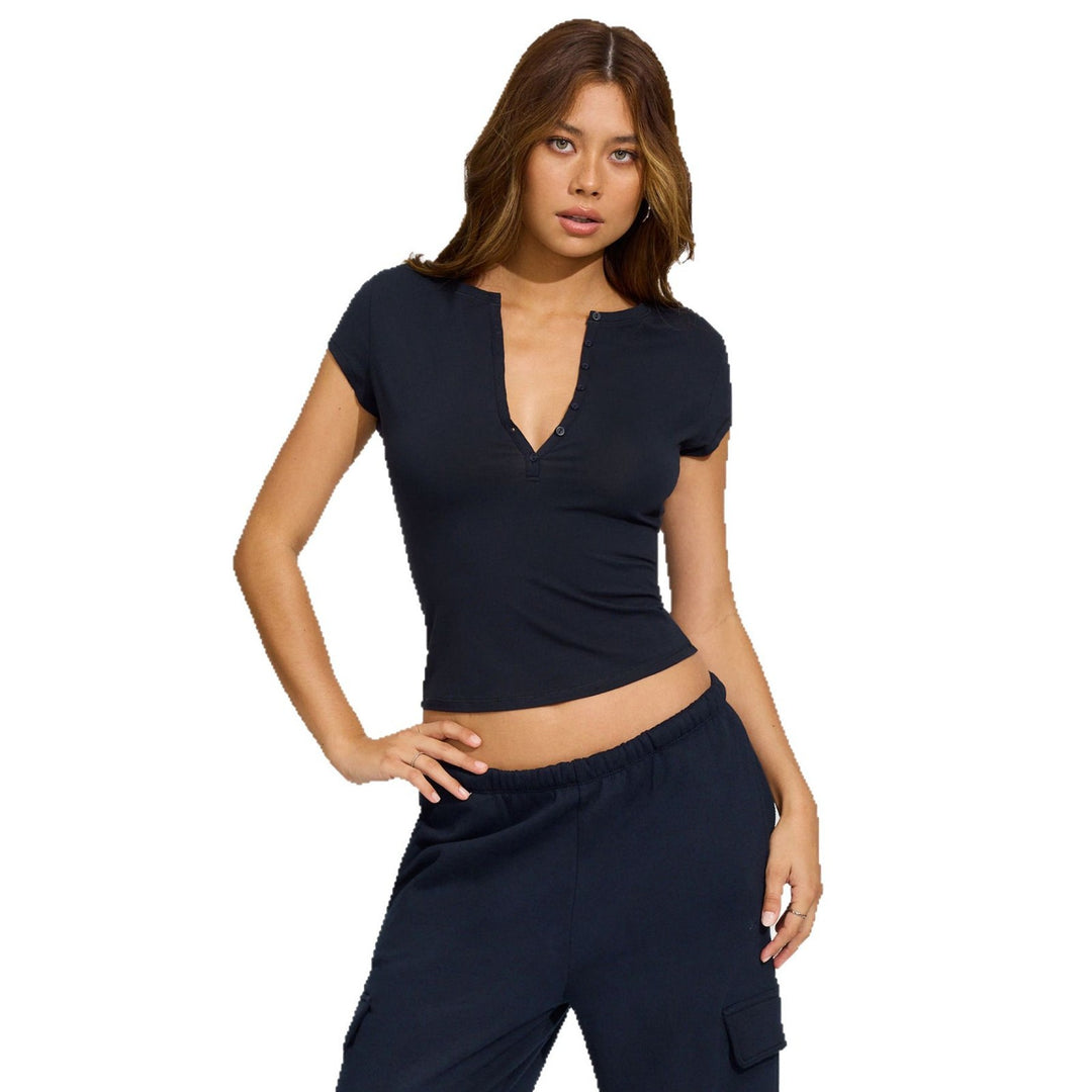 Damen modisches Kurzarm-Crop-Top mit Knopfleiste und figurbetontem Schnitt Heidi-Mode