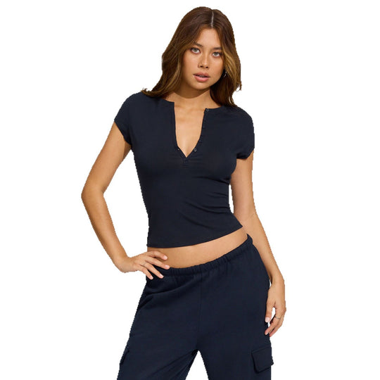 Damen modisches Kurzarm-Crop-Top mit Knopfleiste und figurbetontem Schnitt Heidi-Mode