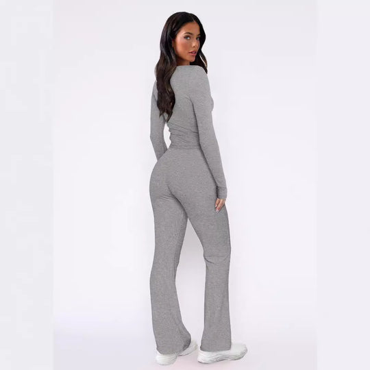 Damen bequemes Oberteil mit Knopfleiste und lockerer Hose Heidi-Mode