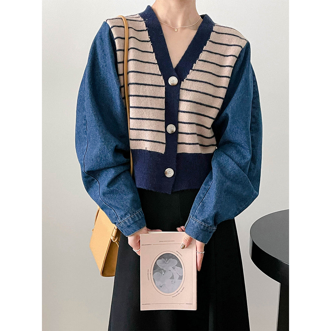 Damen modische Strickjacke mit modernen Streifen-Design und Raglanärmeln Heidi-Mode