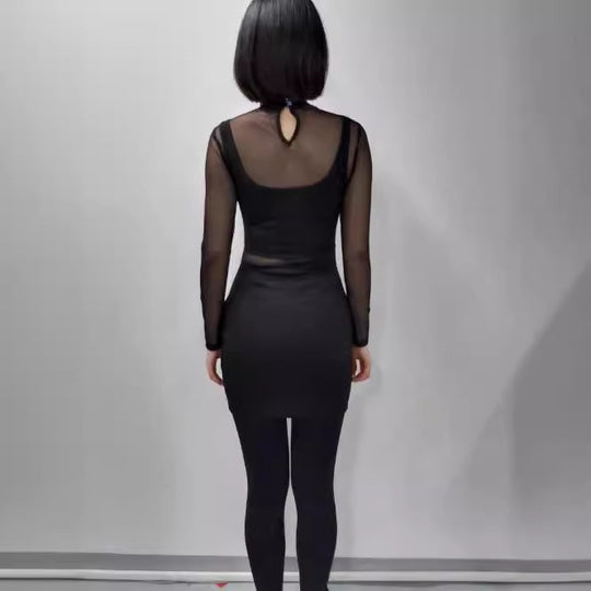 Damen elegantes Minikleid mit transparenten Ärmeln und Strassverzierungen Heidi-Mode