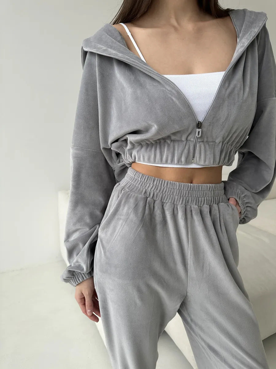 Damen Sportliche Velours-Jacke mit modernem Reißverschluss und elastischem Bund Heidi-Mode