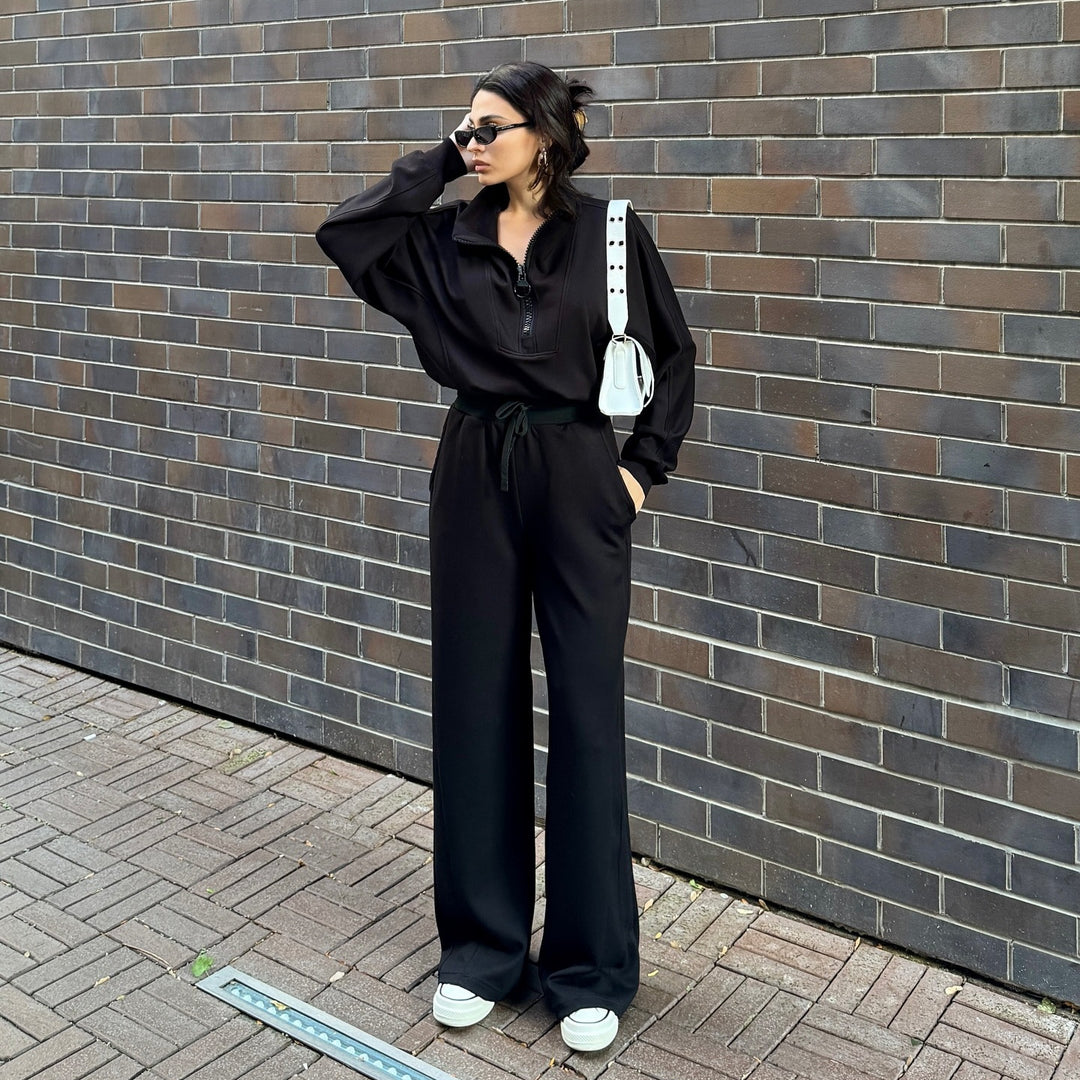 Damen gemütliches Fleece-Loungewear-Set mit hochgezogenem Kragen und lockerer Passform Heidi-Mode