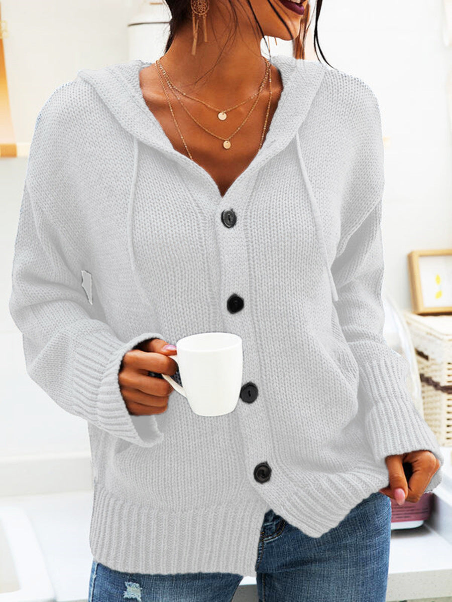 Damen Strickjacke mit Kapuze und knöpfen im lässigen Stil Heidi-Mode
