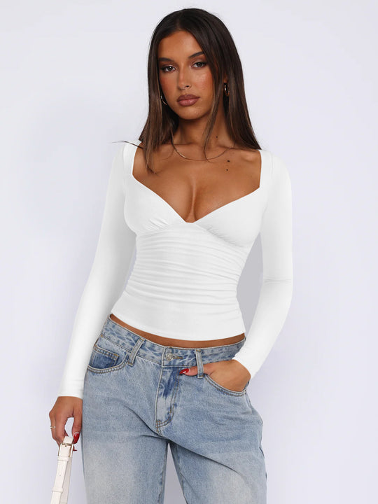 Damen figurbetontes Langarmoberteil mit V-Ausschnitt und Raffungen Heidi-Mode