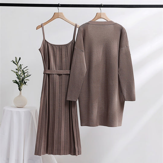 Damen elegantes und lässiges Strickkleid mit passender Strickjacke Heidi-Mode
