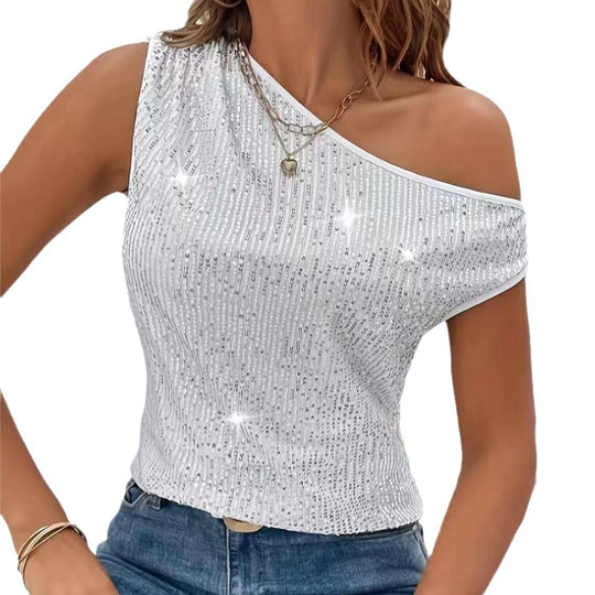 Damen Glitzerndes One-Shoulder Oberteil mit feinen Strassdetails Heidi-Mode