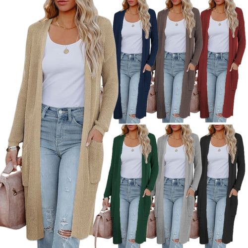 Damen Langer Strickcardigan mit elegantem offenes Design und praktischen Taschen Heidi-Mode