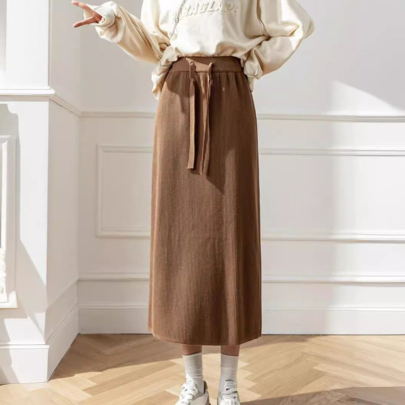 Damen Midi-Rock mit Taillenschnürung und geripptem Design Heidi-Mode