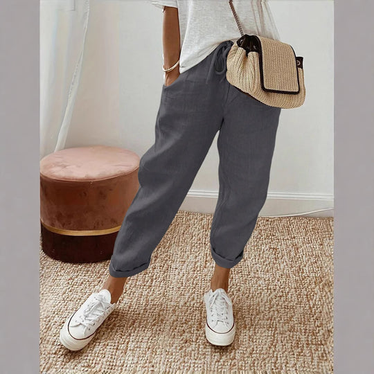 Damen Lässige Leinen-Hose mit elastischem Bund und praktischen Taschen Heidi-Mode