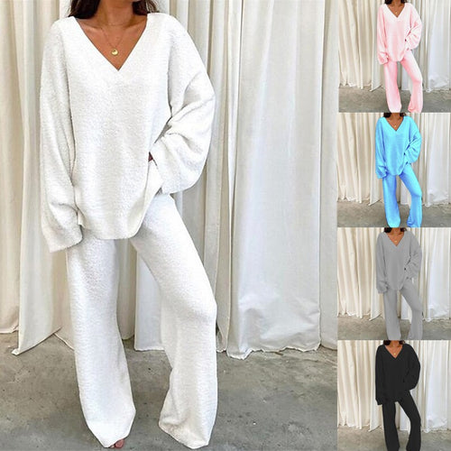 Damen Bequemes Fleece-Loungewear-Set mit V-Ausschnitt Heidi-Mode