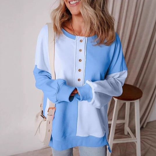 Damen lässiger Kapuzenpullover mit Knopfdetails und Farbblockdesign Heidi-Mode
