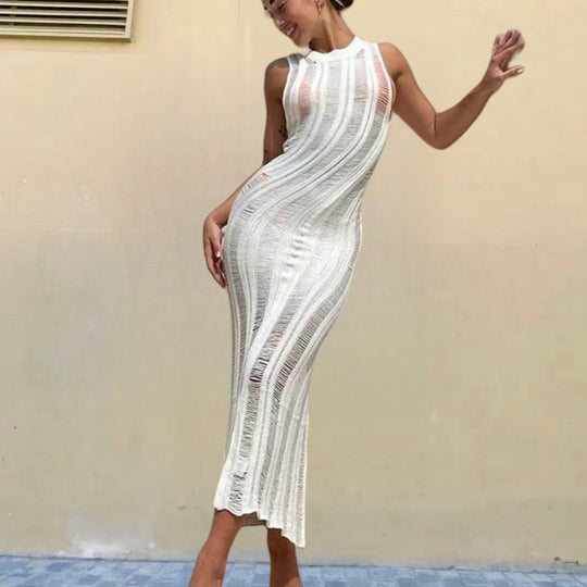Damen Enges Strickkleid mit transparenten Details Heidi-Mode